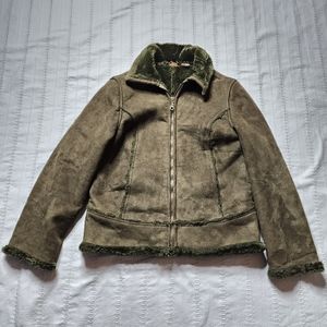 Faux leather shearling paneled army green jacket size small